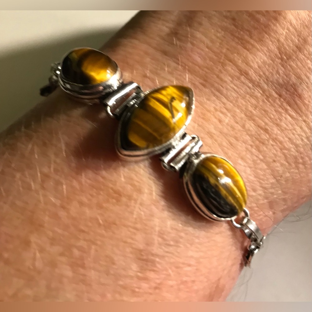 Tiger Eye Stamped 925 Sterling Silver Bracelet